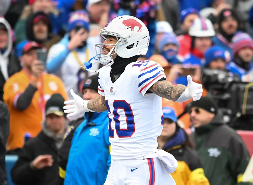 Nov 16, 2025; Orchard Park, New York, USA; Buffalo Bills wide receiver Khalil Shakir (10) enters the field before a game against the Tampa Bay Buccaneers at Highmark Stadium. Mandatory Credit: Mark Konezny-Imagn Images