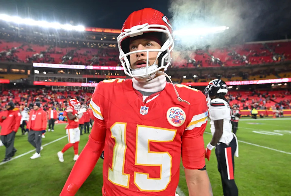 Dec 7, 2025; Kansas City, Missouri, USA; Kansas City Chiefs quarterback Patrick Mahomes (15) walks off the field after the game against the Houston Texans at GEHA Field at Arrowhead Stadium. Mandatory Credit: Amy Kontras-Imagn Images