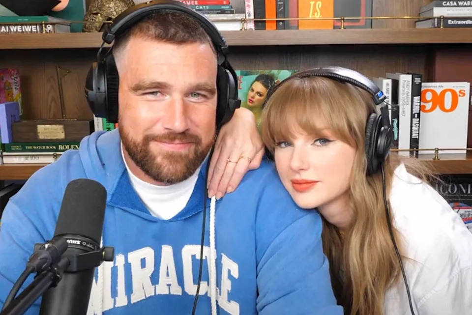 New Heights/YouTube Travis Kelce and Taylor Swift on the 'New Heights' podcast