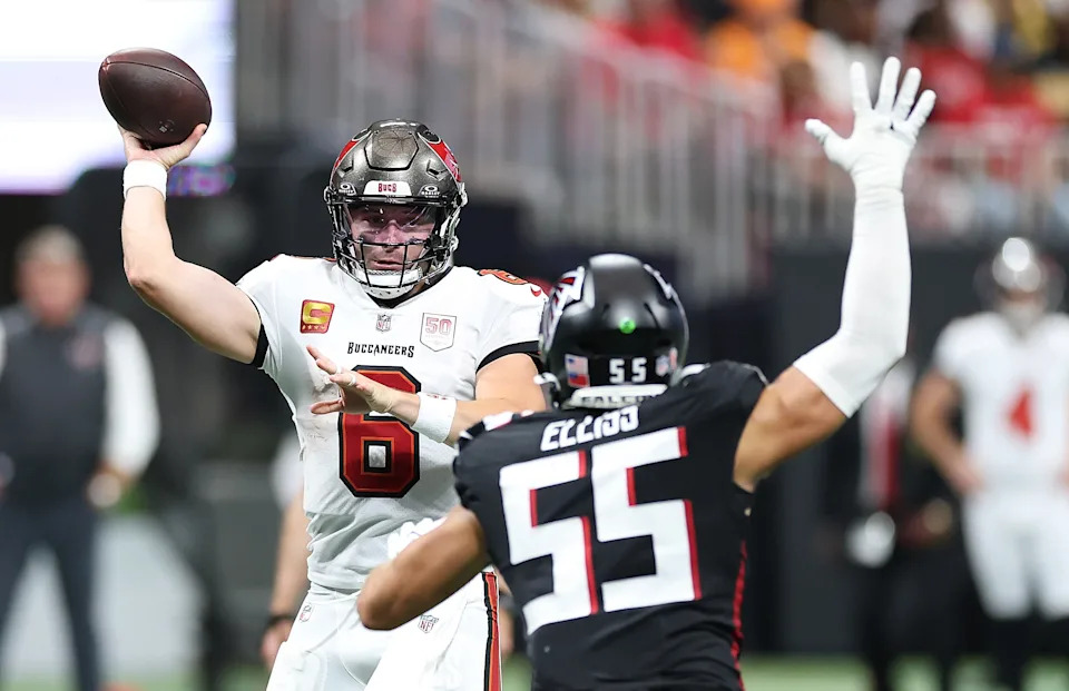 Baker Mayfield and the Tampa Bay Buccaneers are looking to break a losing streak on Thursday night against the Atlanta Falcons. (Photo by Kevin C. Cox/Getty Images)