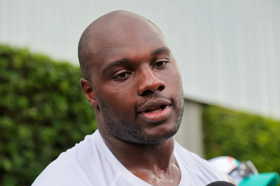 Jul 29, 2025; Miami Gardens, FL, USA; Miami Dolphins guard James Daniels (78) speaks to reporters during training camp at Baptist Health Training Complex. Sam Navarro-Imagn Images