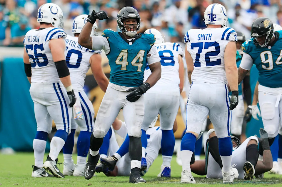 Jacksonville Jaguars defensive end Travon Walker (44) reacts to his sack on Indianapolis Colts quarterback Joe Flacco (15) during the fourth quarter of an NFL football matchup Sunday, Oct. 6, 2024 at EverBank Stadium in Jacksonville, Fla. The Jaguars edged the Colts on a field goal 37-34. [Corey Perrine/Florida Times-Union]