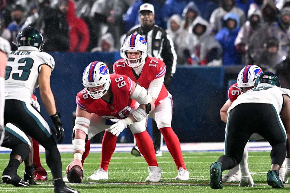 Dec 28, 2025; Orchard Park, New York, USA; Buffalo Bills quarterback Josh Allen (17) calls the snap count at the line of scrimmage against the Philadelphia Eagles defense during the second quarter at Highmark Stadium. Mandatory Credit: Mark Konezny-Imagn Images