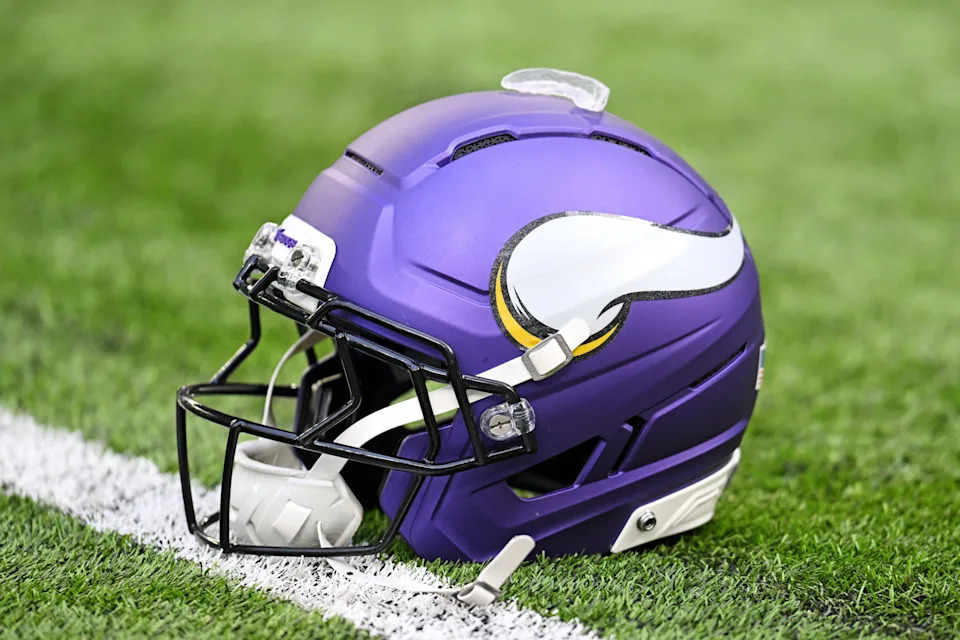 Oct 19, 2025; Minneapolis, Minnesota, USA; A general view of the Minnesota Vikings helmet before the game against the Philadelphia Eagles at U.S. Bank Stadium. Mandatory Credit: Jeffrey Becker-Imagn Images