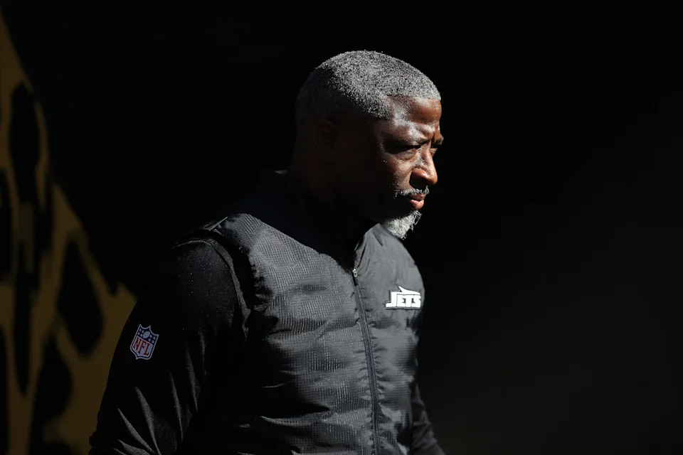 JACKSONVILLE, FLORIDA - DECEMBER 14: Head coach Aaron Glenn of the New York Jets walks out of the tunnel before the game against the Jacksonville Jaguars at EverBank Stadium on December 14, 2025 in Jacksonville, Florida. (Photo by Mike Carlson/Getty Images)