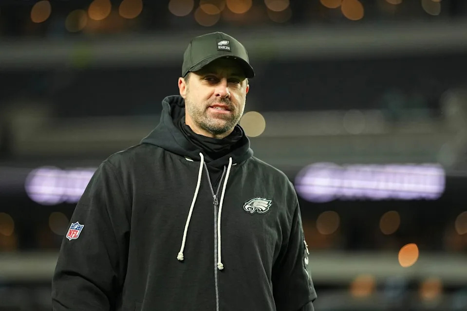 Offensive coordinator Kevin Patullo walks off the field after the game against the Chicago Bears at Lincoln Financial Field on November 28, 2025 in Philadelphia. Getty Images