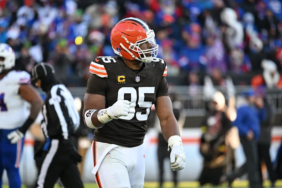 Dec 21, 2025; Cleveland, Ohio, USA; Cleveland Browns defensive end Myles Garrett (95) reacts against the Buffalo Bills during the second half at Huntington Bank Field. Mandatory Credit: Ken Blaze-Imagn Images