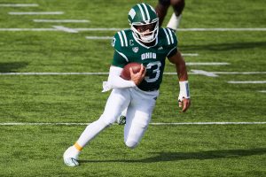 Ohio quarterback Parker Navarro rushing the ball against Gardner-Webb.