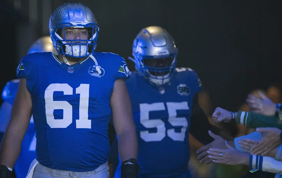 Seattle Seahawks center Jalen Sundell (61) walks out before the game against the Tampa Bay Buccaneers at Lumen Field, on Sunday, Oct. 5, 2025, in Seattle.