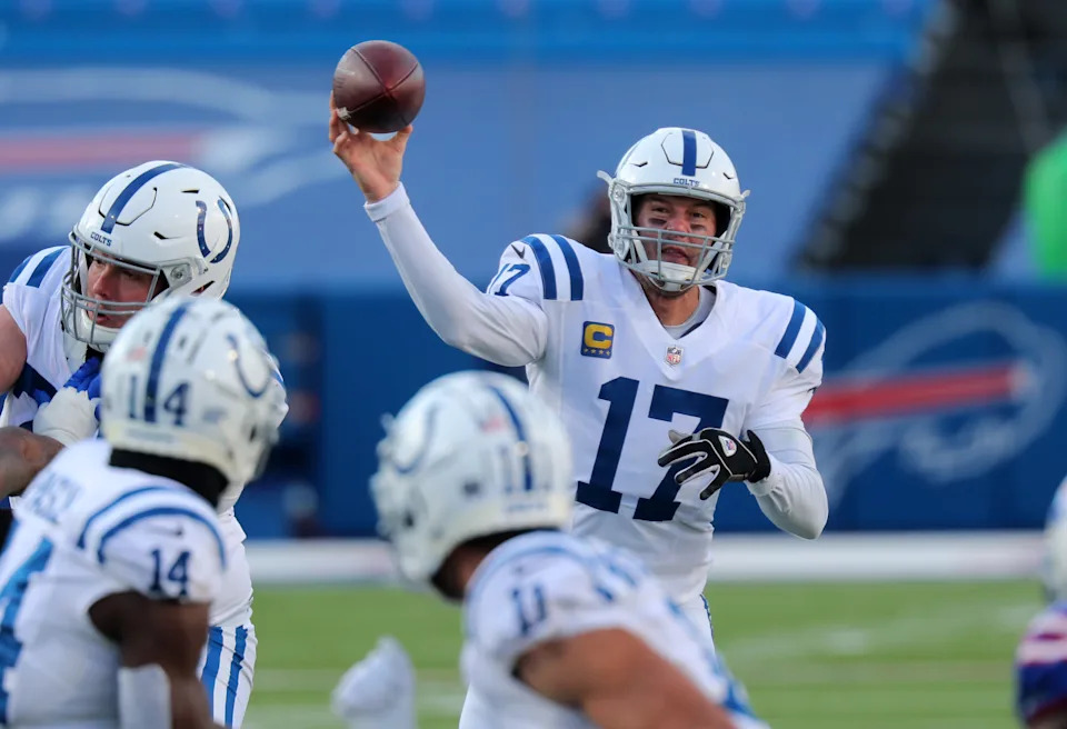 ORCHARD PARK, NY - JANUARY 09: Philip Rivers #17 of the Indianapolis Colts throws a pass during a game against the Buffalo Bills at Bills Stadium on January 9, 2021 in Orchard Park, New York. (Photo by Timothy T Ludwig/Getty Images)