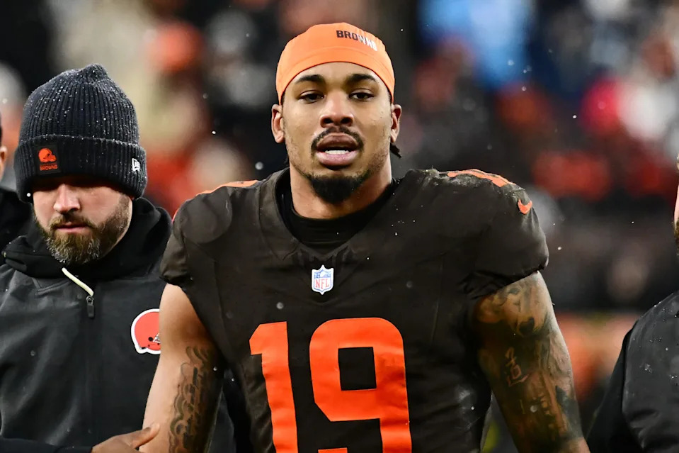 Dec 7, 2025; Cleveland, Ohio, USA; Cleveland Browns wide receiver Cedric Tillman (19) walks off the field after being injured against the Tennessee Titans fourth quarter at Huntington Bank Field. Mandatory Credit: Ken Blaze-Imagn Images