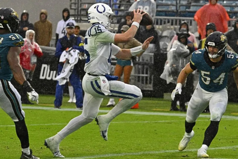 Indianapolis Colts quarterback Riley Leonard (C) threw two interceptions, but scored a rushing touchdown through his first four appearances in the NFL. File Photo by Joe Marino/UPI