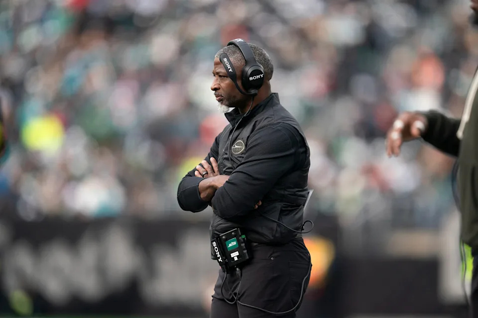 New York Jets head coach Aaron Glenn watches his team from the sidelines during a week 14 football game between the New York Jets and Miami Dolphins at MetLife Stadium on Sunday, Dec. 7, 2025.
