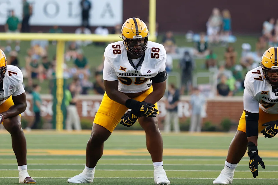 Sep 20, 2025; Waco, Texas, USA; Arizona State Sun Devils offensive lineman Max Iheanachor (58) in action against the Baylor Bears during the first half at McLane Stadium. Mandatory Credit: Chris Jones-Imagn Images