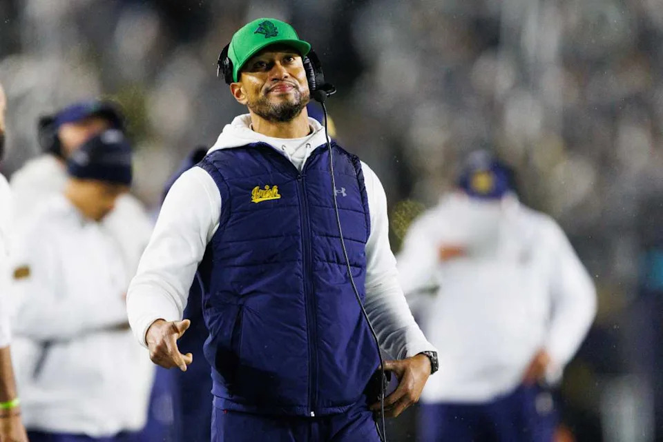 Notre Dame head coach Marcus Freeman looks on during the first half of a NCAA football game against Navy at Notre Dame Stadium on Saturday, Nov. 8, 2025, in South Bend.© MICHAEL CLUBB&sol;SOUTH BEND TRIBUNE &sol; USA TODAY NETWORK via Imagn Images
