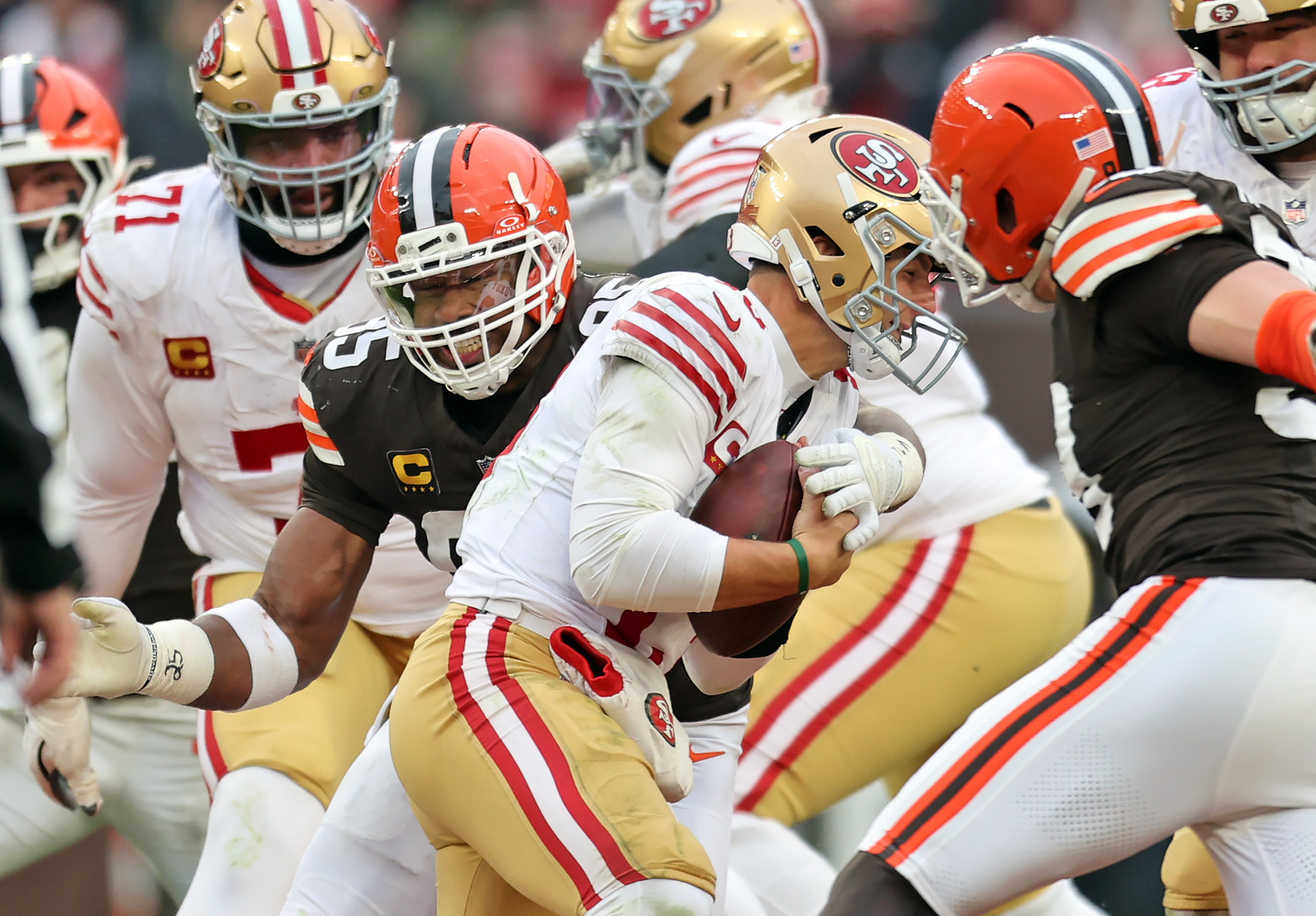 Cleveland Browns defensive end Myles Garrett sacks San Francisco 49ers quarterback Brock Purdy in the second half of play. 