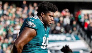 Philadelphia Eagles defensive tackle Jordan Davis stands during the National Anthem at Lincoln Financial Field on Sunday.