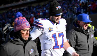 Buffalo Bills quarterback Josh Allen (17) leaves the field after an injury against the Cleveland Browns during the first half of an NFL football game in Cleveland, Sunday, Dec. 21, 2025. (AP Photo/David Richard)