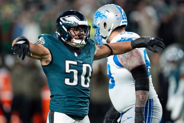 Philadelphia Eagles linebacker Jaelan Phillips reacts to his sack during an NFL football against the Detroit Lions, Sunday, Nov. 16, 2025, in Philadelphia. (AP Photo/Chris Szagola)