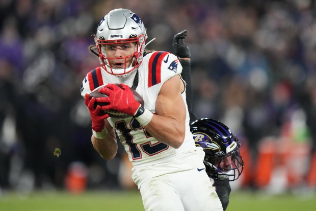 New England Patriots wide receiver Mack Hollins runs against the Baltimore Ravens during the second half of an NFL game last Sunday in Baltimore. (AP Photo/Stephanie Scarbrough)