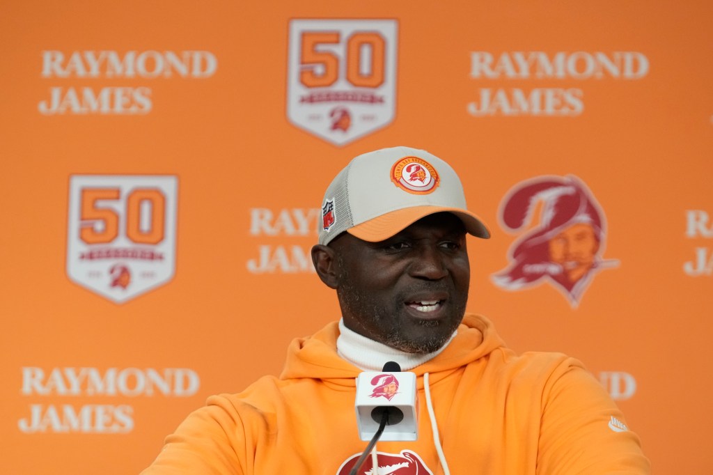 Tampa Bay Buccaneers head coach Todd Bowles speaks after an NFL football game against the Atlanta Falcons, Thursday, Dec. 11, 2025, in Tampa, Fla. 