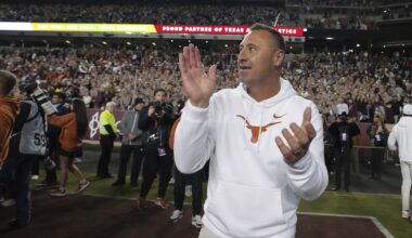 Texas head coach Steve Sarkisian reacts after the team's win over Texas A&M in a NCAA college football game Saturday, Nov. 30, 2024, in College Station, Texas. (AP Photo/Sam Craft)
