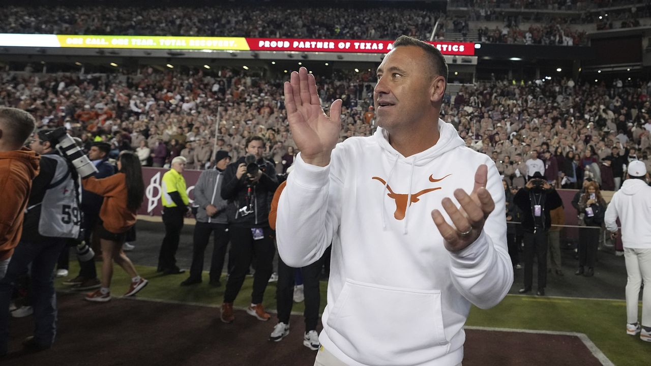 Texas head coach Steve Sarkisian reacts after the team's win over Texas A&M in a NCAA college football game Saturday, Nov. 30, 2024, in College Station, Texas. (AP Photo/Sam Craft)