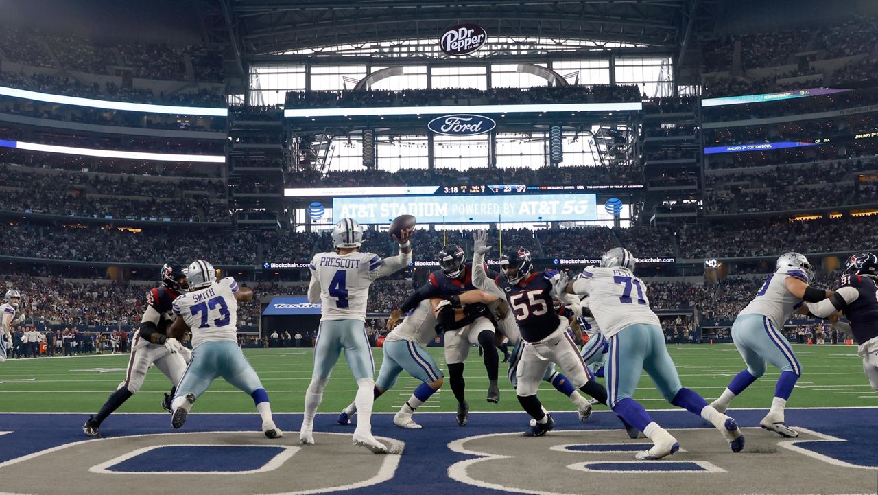 Dallas Cowboys quarterback Dak Prescott (4) throws a pass against the Houston Texans during an NFL Football game in Arlington, Texas, Sunday, Dec. 11, 2022. (AP Photo/Michael Ainsworth)