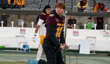 ASU QB Sam Leavitt on scooter in cast after loss to Arizona (Jeremy Schnell/Arizona Sports)...