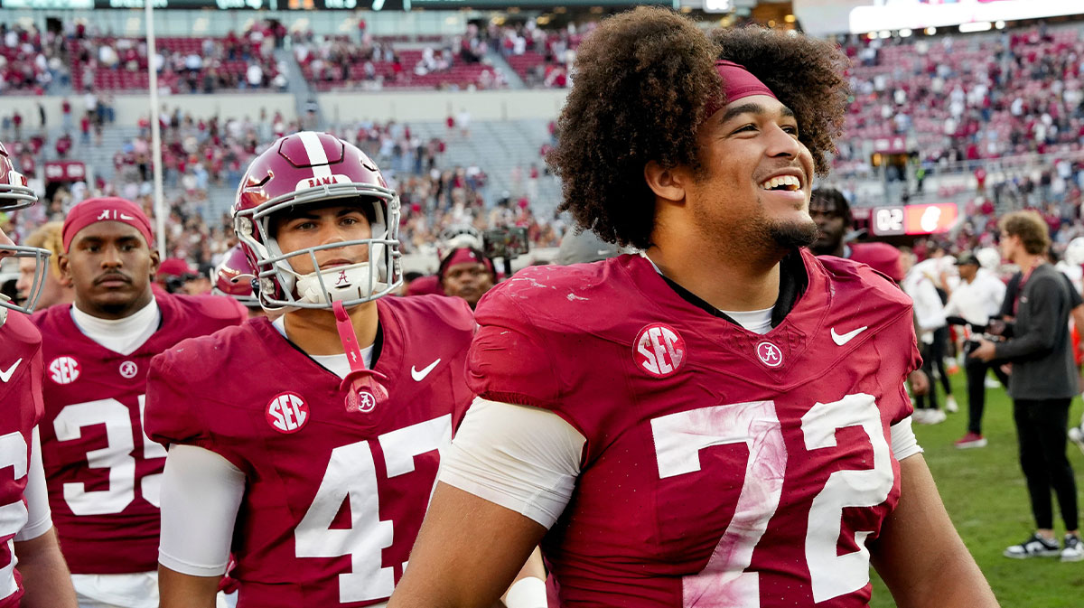 Alabama Crimson Tide offensive lineman Parker Brailsford (72) has a big smile as he leaves the field at Bryant-Denny Stadium. Alabama defeated Mercer 52-7.