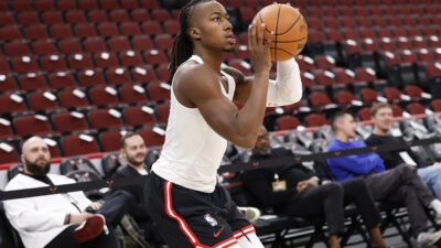 Oct 27, 2025; Chicago, Illinois, USA; Chicago Bulls guard Ayo Dosunmu (11) warms up before an NBA game against the Atlanta Hawks at United Center.