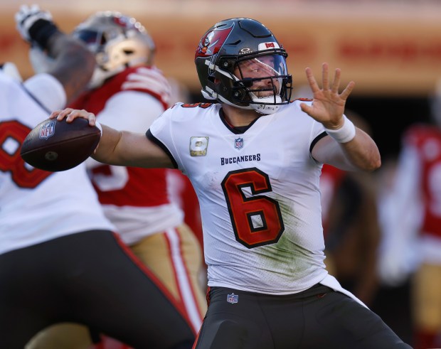 Tampa Bay Buccaneers starting quarterback Baker Mayfield (6) throws against the San Francisco 49ers in the second quarter at Levi's Stadium in Santa Clara, Calif., on Sunday, Nov. 19, 2023. (Nhat V. Meyer/Bay Area News Group)