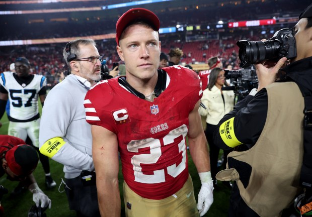 San Francisco 49ers' Christian McCaffrey #23 leaves the field after their NFL win over the Carolina Panthers at Levi's Stadium in Santa Clara, Calif., on Monday, Nov. 24, 2025. (Jane Tyska/Bay Area News Group)