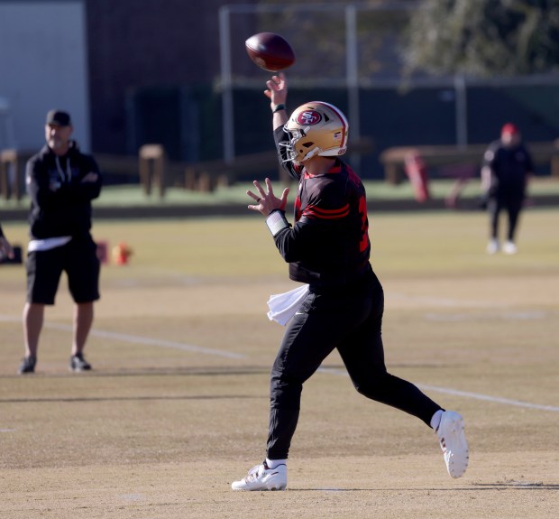 San Francisco 49ers quarterback Brock Purdy #13 throws during practice at Levi's Stadium in Santa Clara, Calif., on Thursday, Dec. 11, 2025. (Jane Tyska/Bay Area News Group)