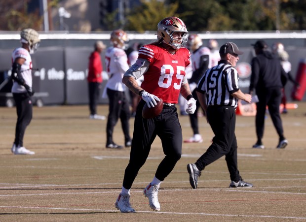 San Francisco 49ers George Kittle #85 practices at Levi's Stadium in Santa Clara, Calif., on Thursday, Dec. 11, 2025. (Jane Tyska/Bay Area News Group)