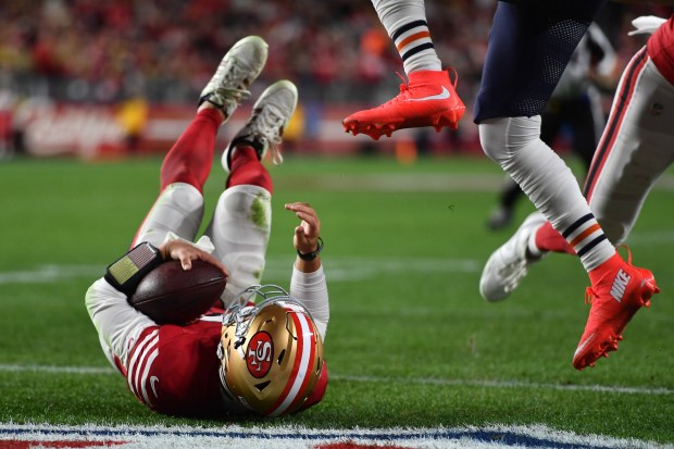 San Francisco 49ers starting quarterback Brock Purdy (13) scores a touchdown in the first quarter of their NFL game at Levi's Stadium in Santa Clara, Calif., on Sunday, Dec. 28, 2025. (Jose Carlos Fajardo/Bay Area News Group)