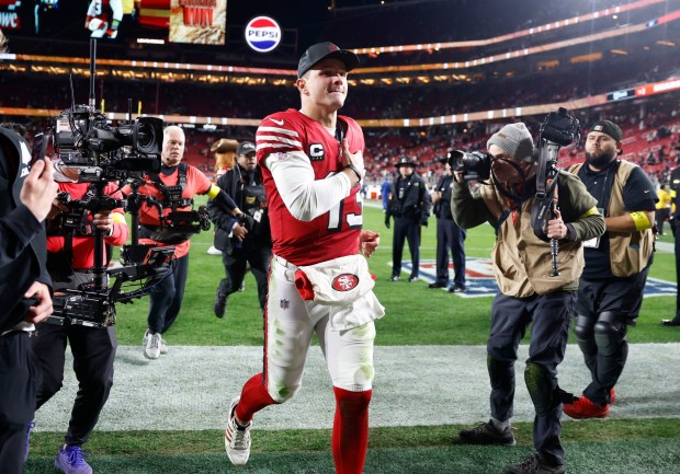 San Francisco 49ers starting quarterback Brock Purdy (13) leaves the field following their 42-38 win over the Chicago Bears at Levi's Stadium in Santa Clara, Calif., on Sunday, Dec. 28, 2025. (Nhat V. Meyer/Bay Area News Group)