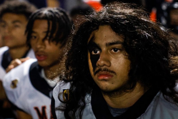 McClymonds' Isiah Gutierrez (32) looks towards the field before playing against Kennedy-Delano during the Division 3-A state championship football game at Fullerton Union High School District Stadium in Fullerton, Calif., on Saturday, Dec. 13, 2025. (Shae Hammond/Bay Area News Group)