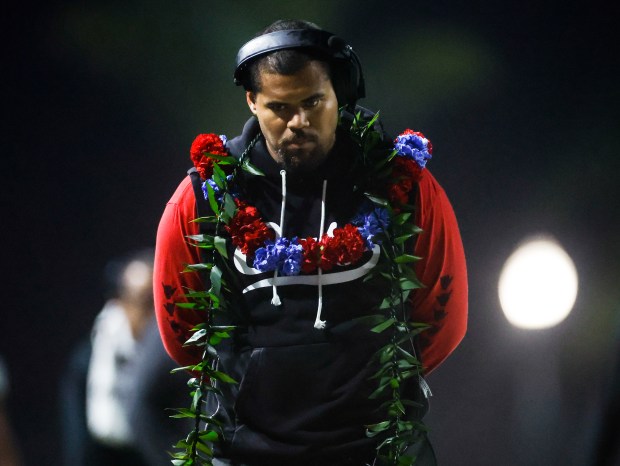 St. Ignatius' head coach JaJuan Lawson walks along the sidelines against Ventura in the fourth quarter during the Division 3-AA state championship football game at Fullerton Union High School District Stadium in Fullerton, Calif., on Friday, Dec. 12, 2025. (Shae Hammond/Bay Area News Group)
