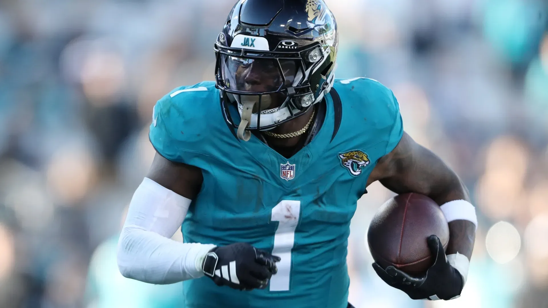 Travis Etienne Jr. #1 of the Jacksonville Jaguars