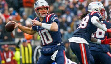 New England Patriots quarterback Drake Maye (10) makes a pass during the first half of an NFL football game against the Buffalo Bills, Sunday, Dec. 14, 2025, in Foxborough, Mass.