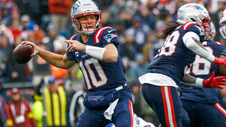 New England Patriots quarterback Drake Maye (10) makes a pass during the first half of an NFL football game against the Buffalo Bills, Sunday, Dec. 14, 2025, in Foxborough, Mass.