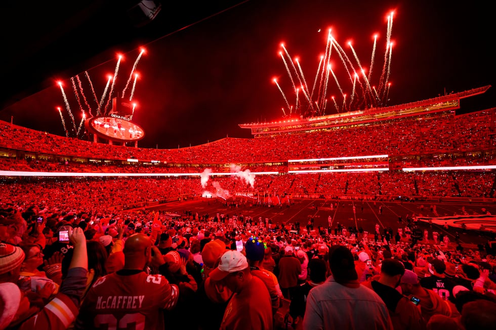 The Kansas City Chiefs started introductions with fireworks and a light show at Arrowhead...
