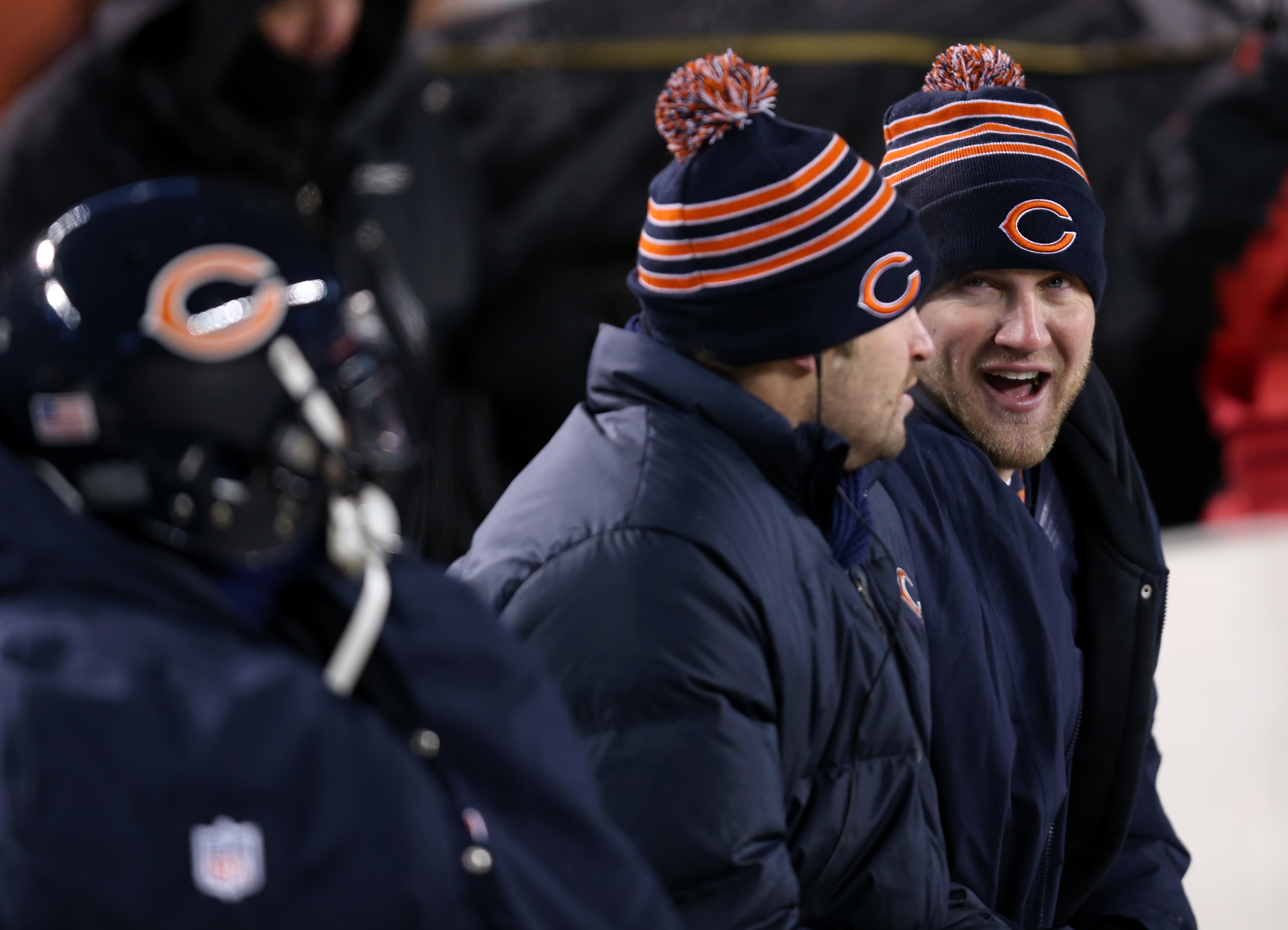 Chicago Bears quarterback Josh McCown (12) has a laugh with...
