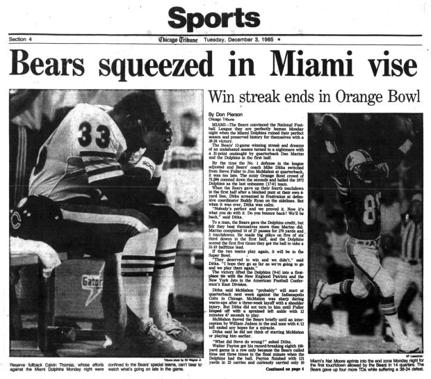 The Bears lost to the Dolphins 38-24 on Dec. 2, 1985 at the Orange Bowl in Miami. It was the Bears' only loss of the season. (Chicago Tribune)