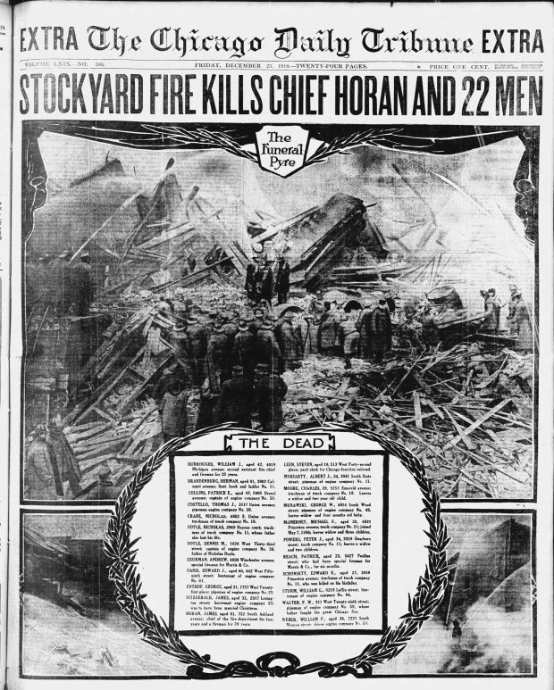 Twenty-three people including 20 firefighters died during a two-day blaze at the Union Stockyards in Chicago, which began on Dec. 22, 1910. (Chicago Tribune)
