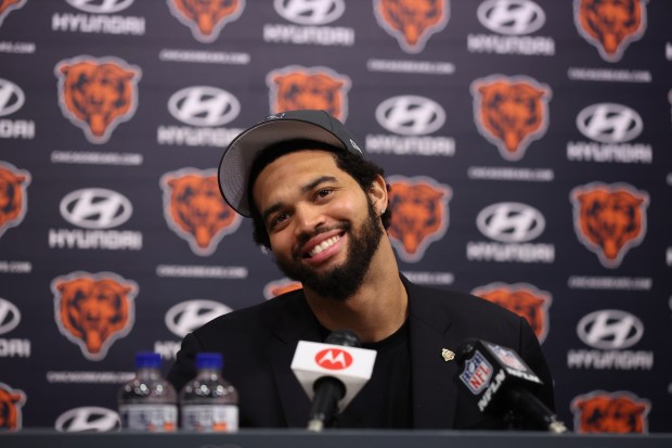 Bears quarterback Caleb Williams speaks in his introductory news conference on Friday, April 26, 2024, at Halas Hall in Lake Forest. The Bears selected Williams with the No. 1 pick in the draft a night earlier. (Chris Sweda/Chicago Tribune)