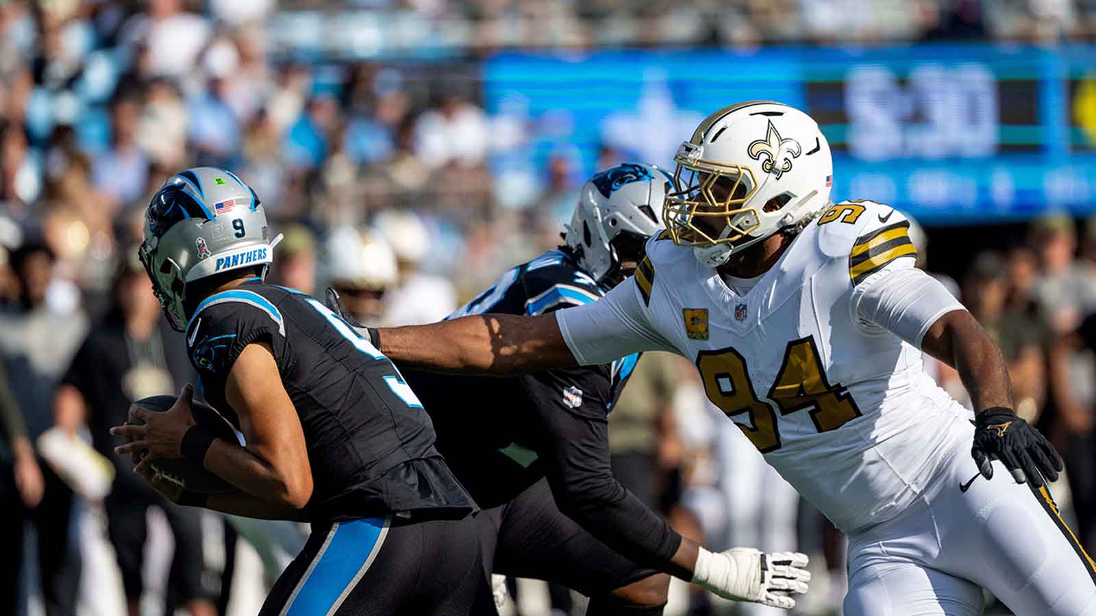 New Orleans Saints defensive end Cameron Jordan (94) sacks Carolina Panthers quarterback Bryce Young (9) in the second quarter at Bank of America Stadium. 