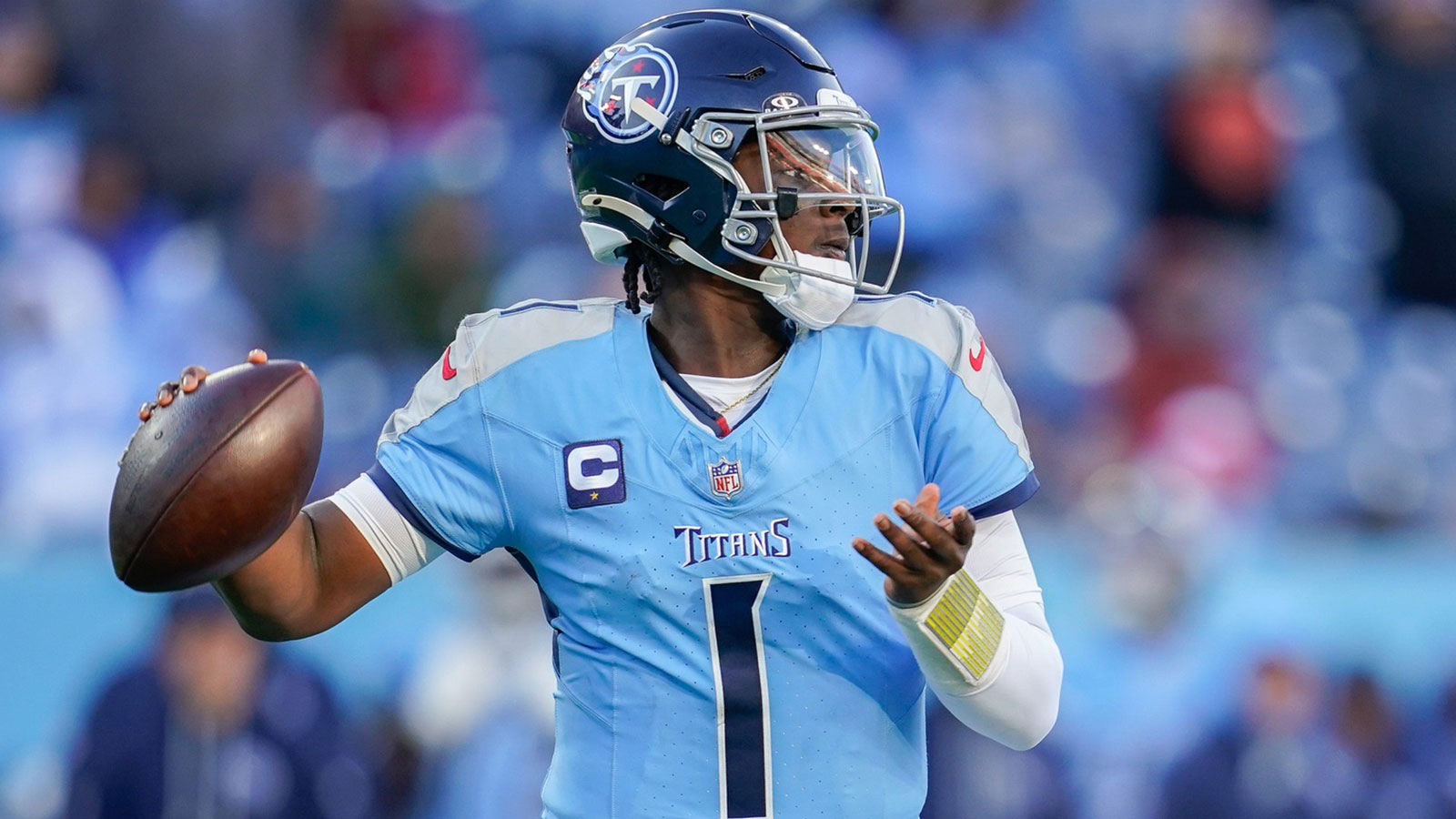 Tennessee Titans quarterback Cam Ward (1) looks downfield during the fourth quarter against the Jacksonville Jaguars at Nissan Stadium.
