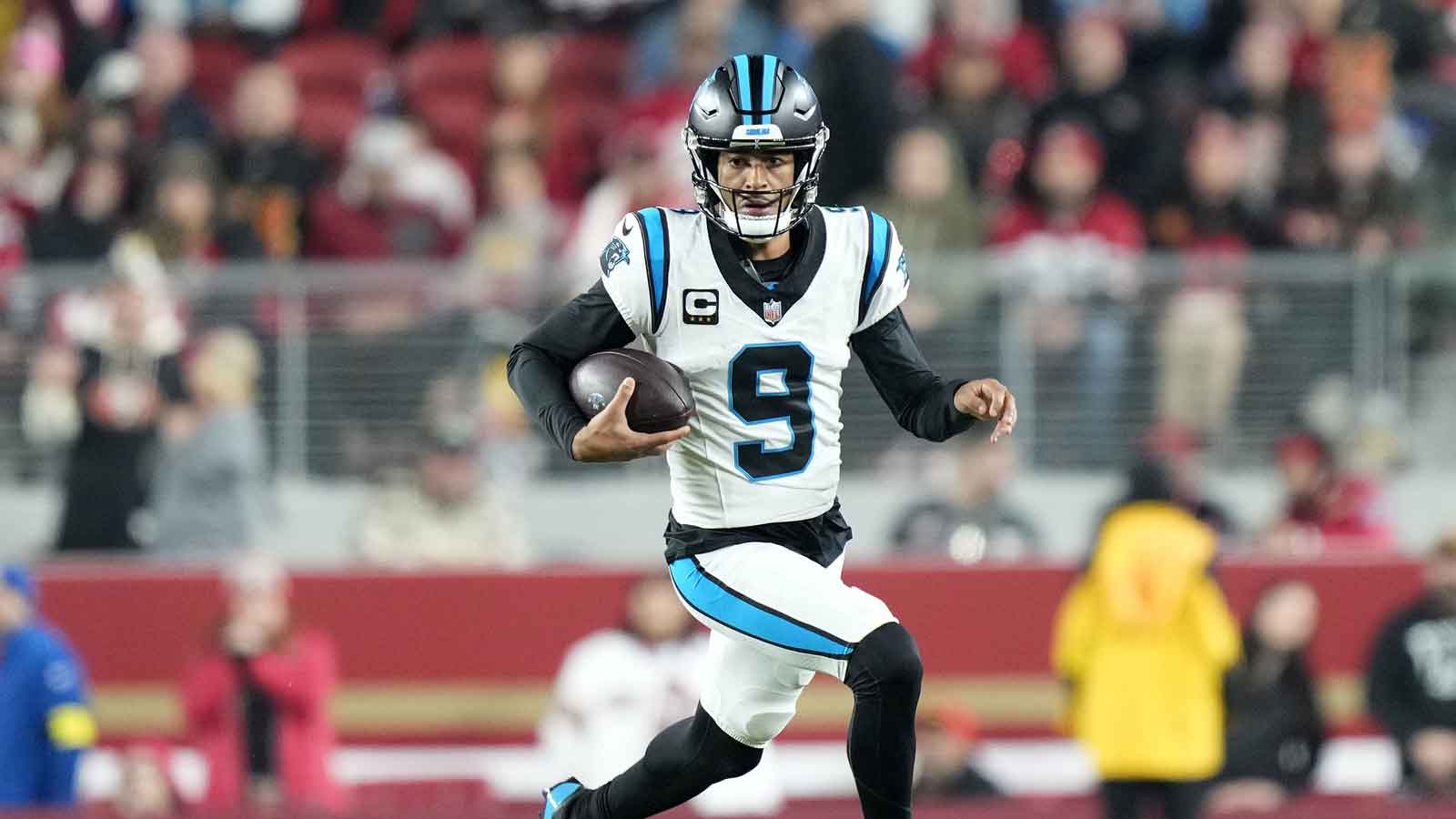 Carolina Panthers quarterback Bryce Young (9) rushes the ball against the San Francisco 49ers during the first half at Levi's Stadium.